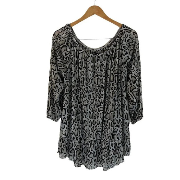 Lane Bryant Sheer Animal Print Blouse Plus 18/20 Elastic Ruffle Hem 3/4 Sleeves - Picture 1 of 6